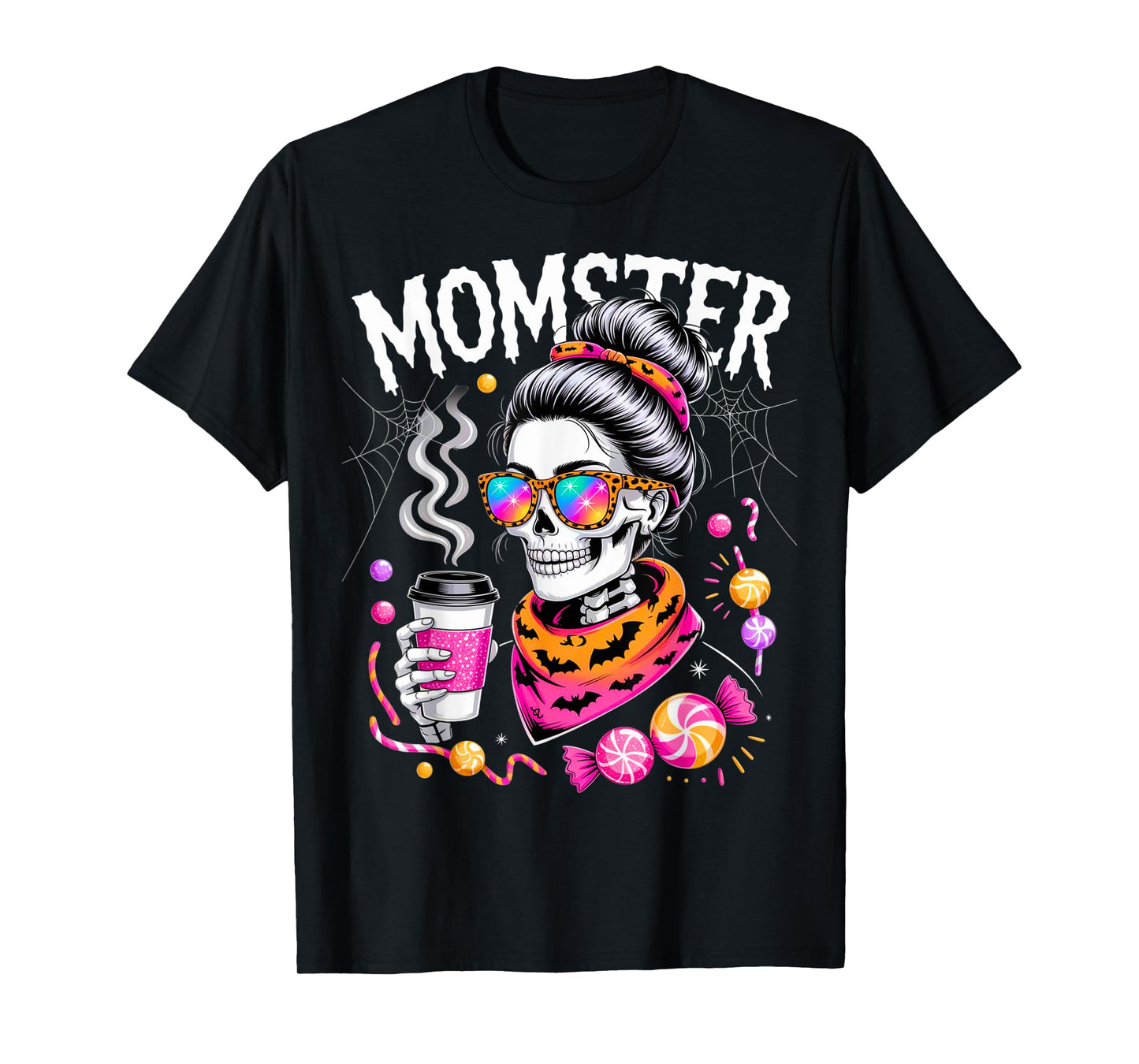 Momster Halloween Costume Skeleton Messy Bun Mother Coffee T-Shirt