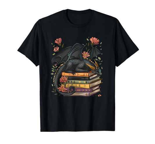 Cute Dragon Books Cottagecore Flower Bookworm Book Lover T-Shirt