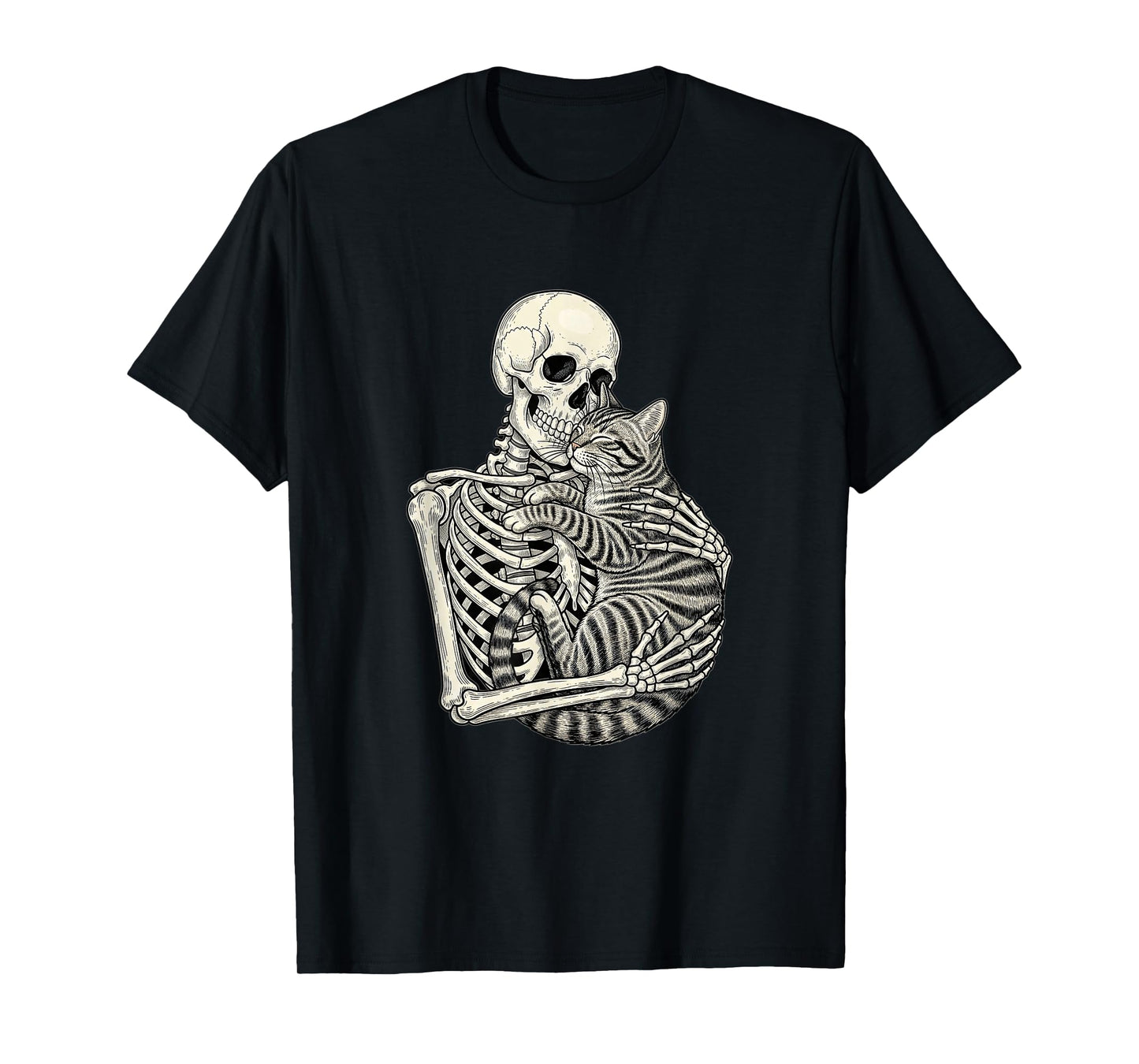 Skeleton Hugging Cat Halloween Cat Lover Cat Mom Dad T-Shirt
