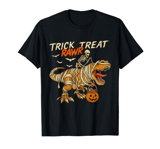 Dinosaur Halloween Mummy Skeleton Funny Trick Rawr Treat T-Shirt