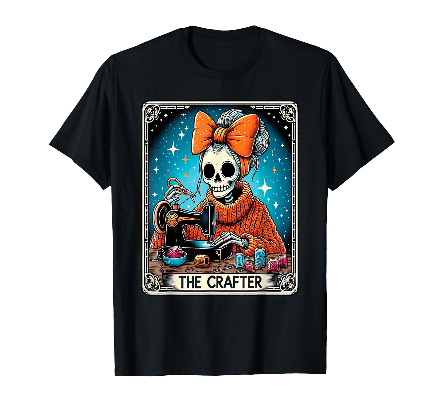 Halloween Quilting Tarot Card Messy Bun Skeleton Quilter T-Shirt