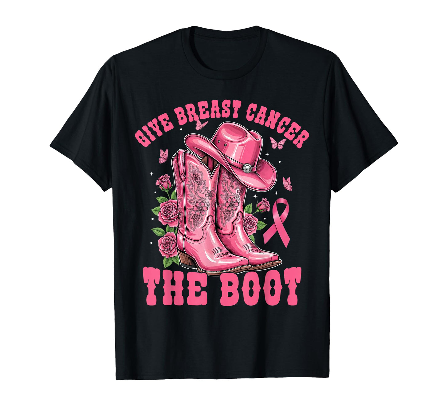 Give Breast Cancer The Boot Cowgirl Cancer Awareness Ribbon T-Shirt
