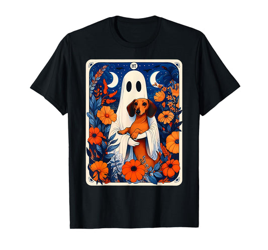 Ghost Holding Dachshund Spooky Tarot Card Fall Halloween T-Shirt