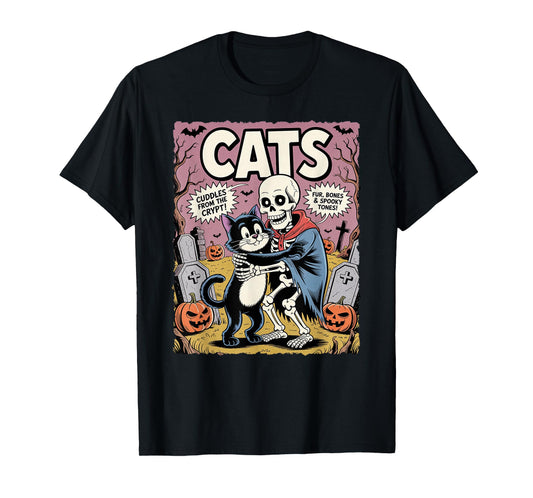 Cute Cat Hug Skeleton Funny Spooky Halloween Comic Pajama T-Shirt