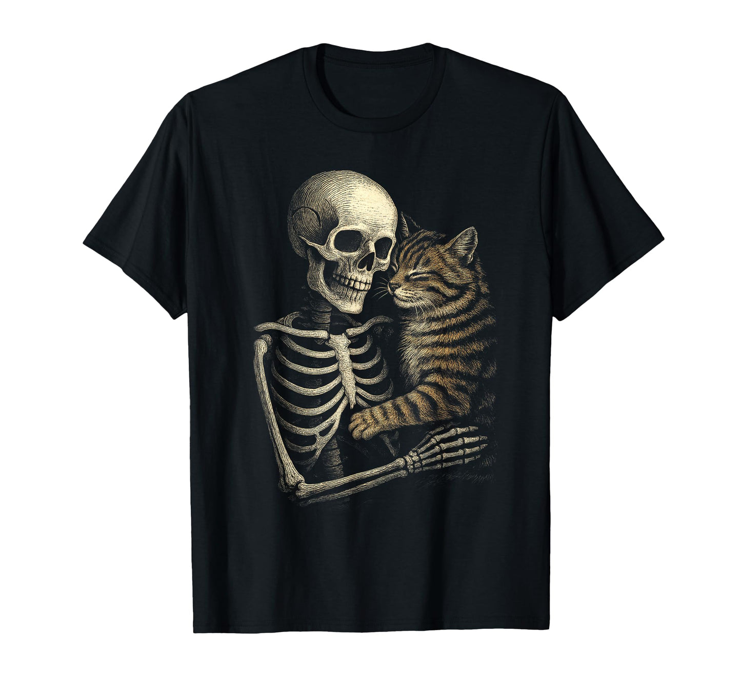 Skeleton Hugging Cat Halloween Pet Spooky Season Matching T-Shirt