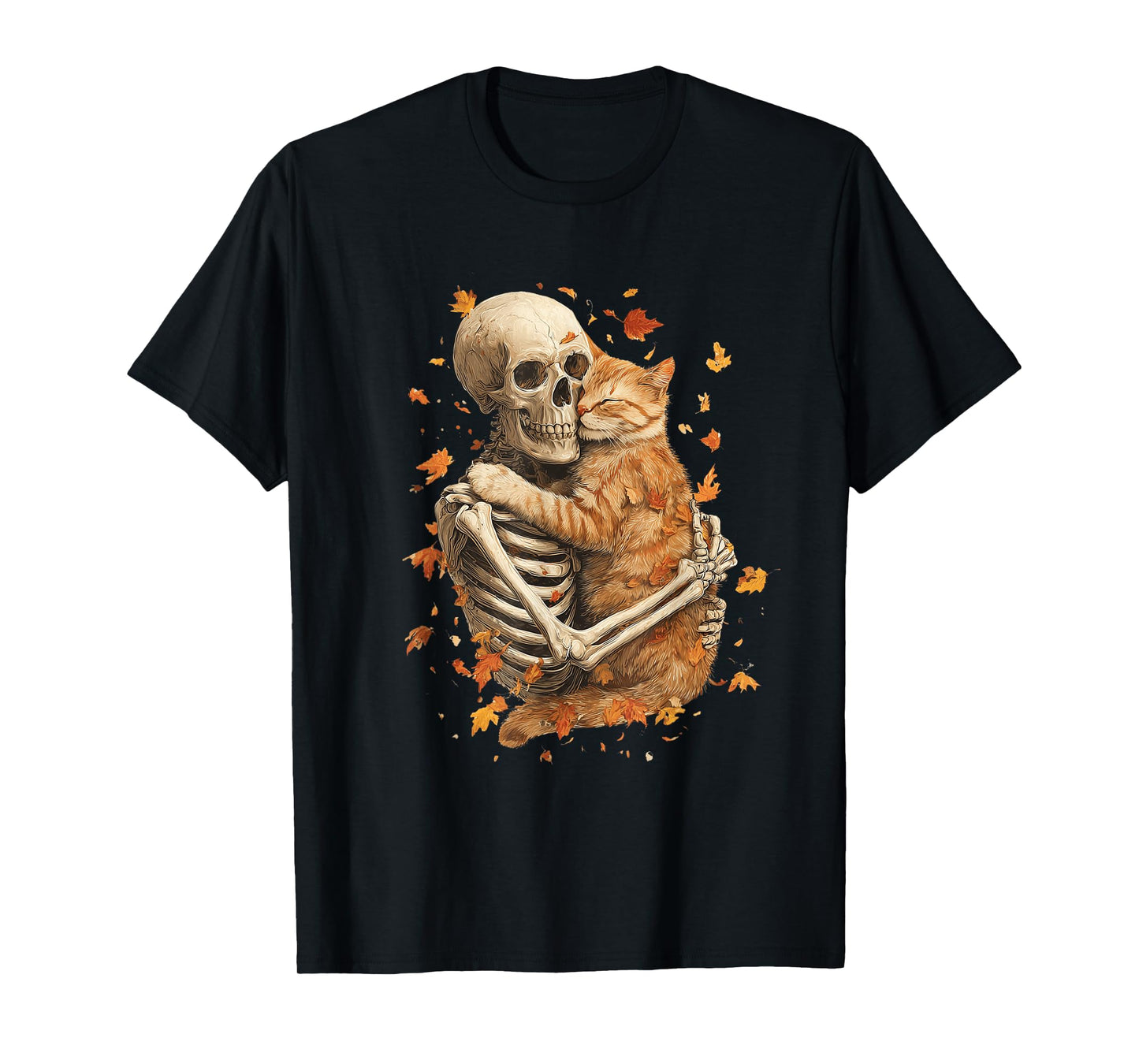 Skeleton Hug Cat Fall Leaves Funny Halloween Goth Spooky T-Shirt