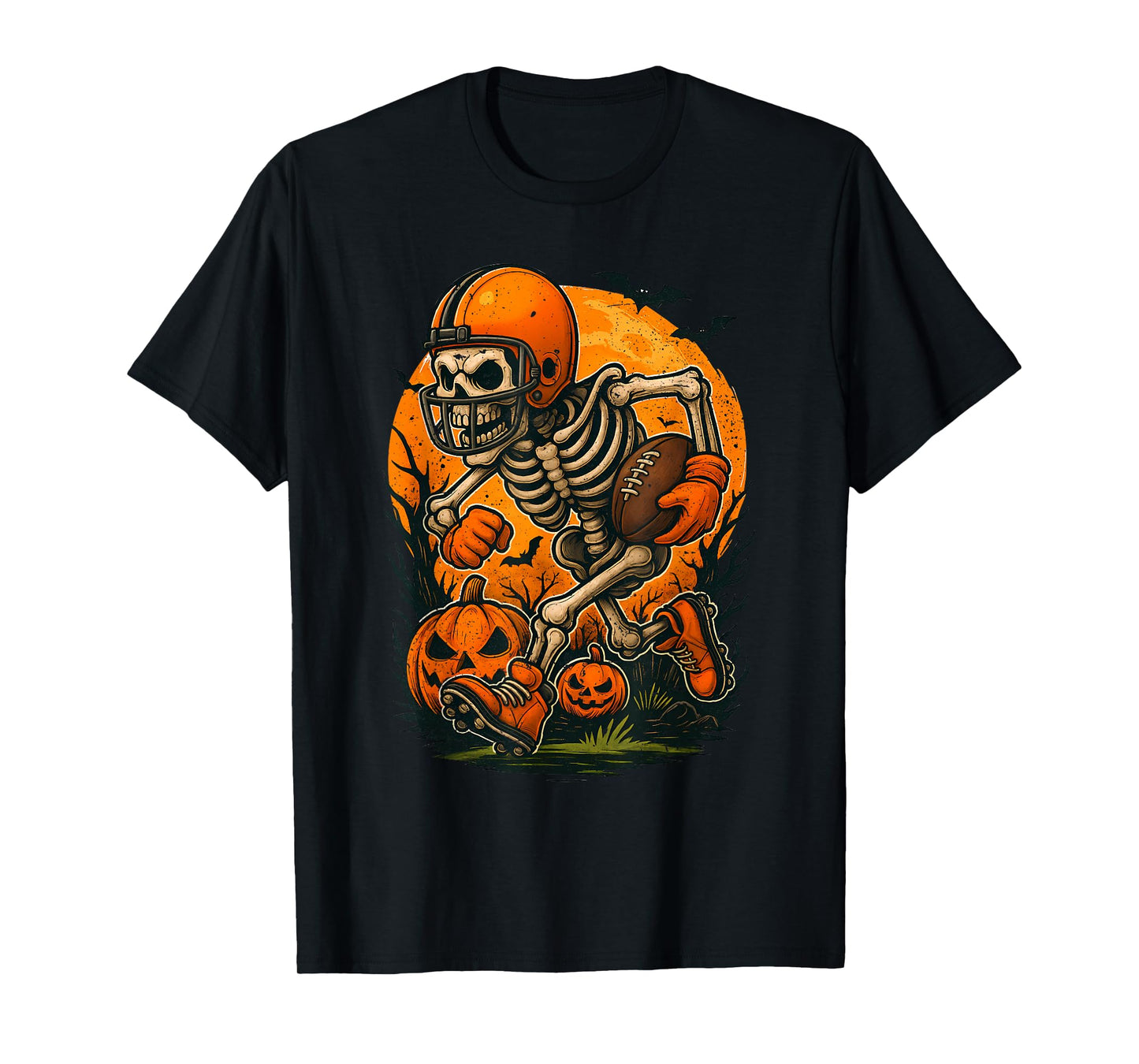 Halloween Skeleton Showing Football Skills Pumpkins Spooky T-Shirt