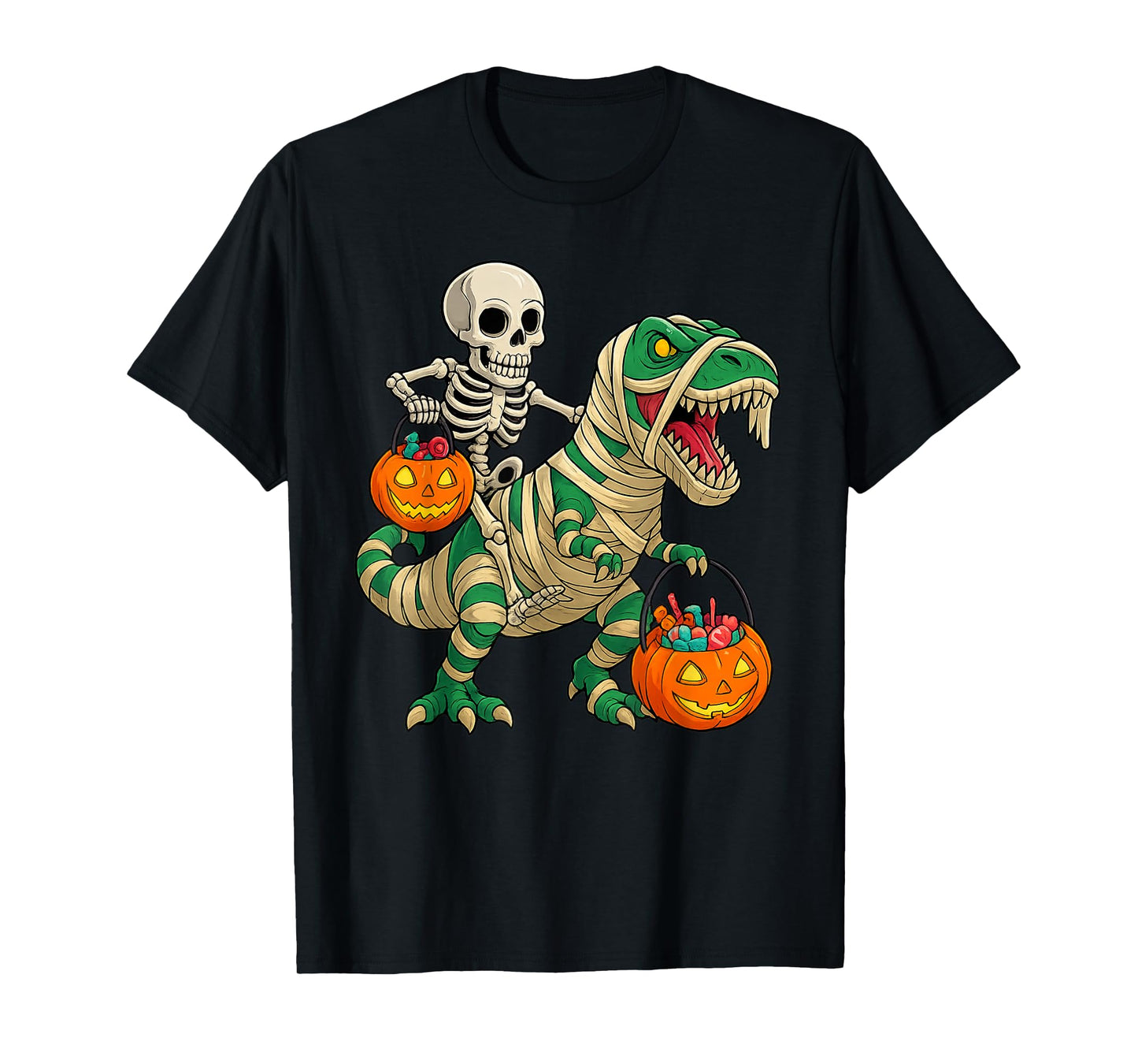 Skeleton Riding Mummy Dinosaur T rex Halloween Pumpkin Gifts T-Shirt