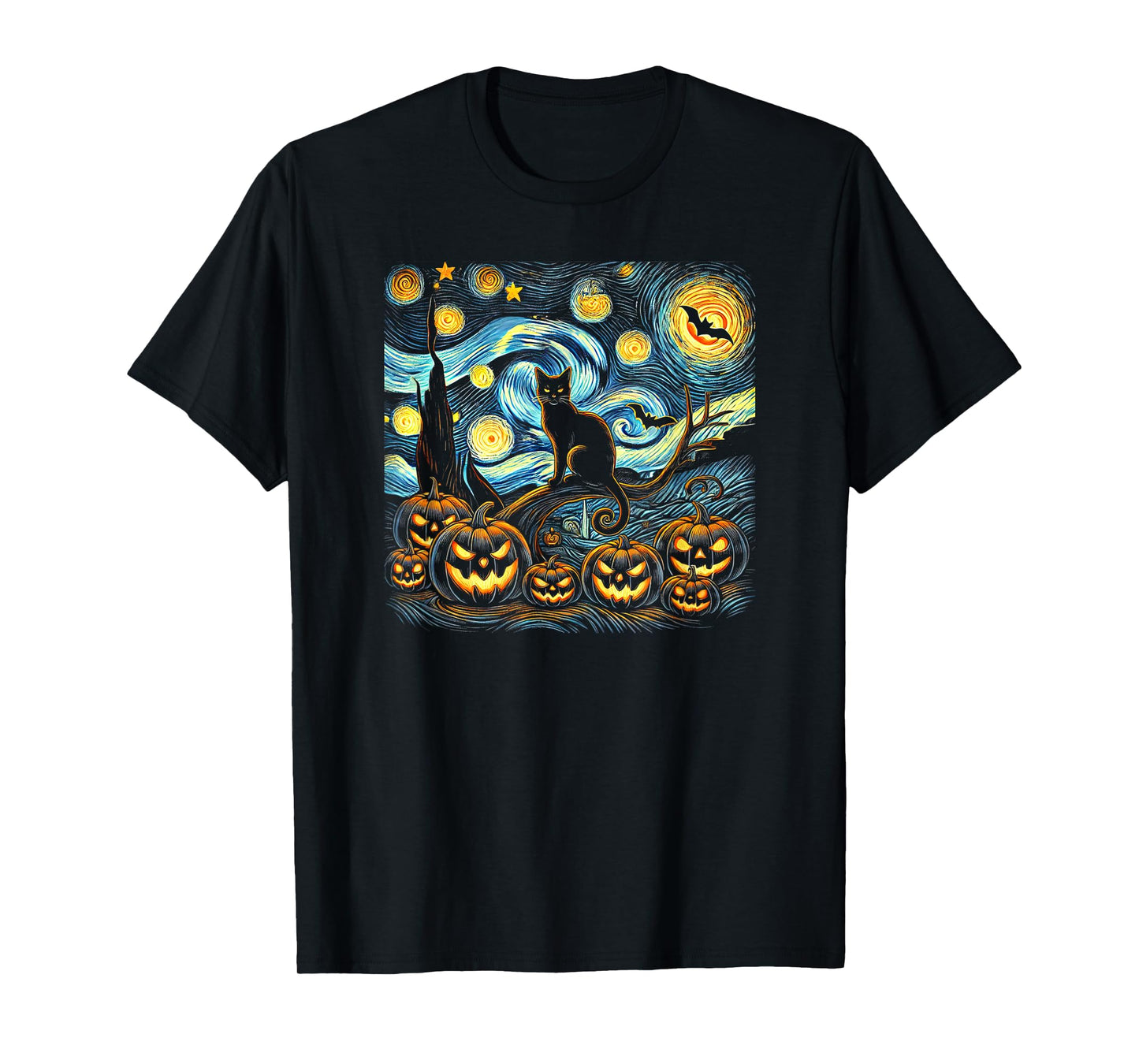 Halloween Van Gogh Starry Night Pumpkin Black Cat Costume T-Shirt