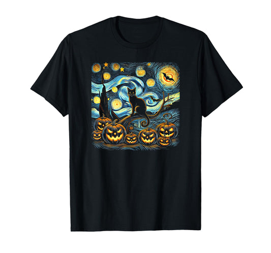 Halloween Van Gogh Starry Night Pumpkin Black Cat Costume T-Shirt