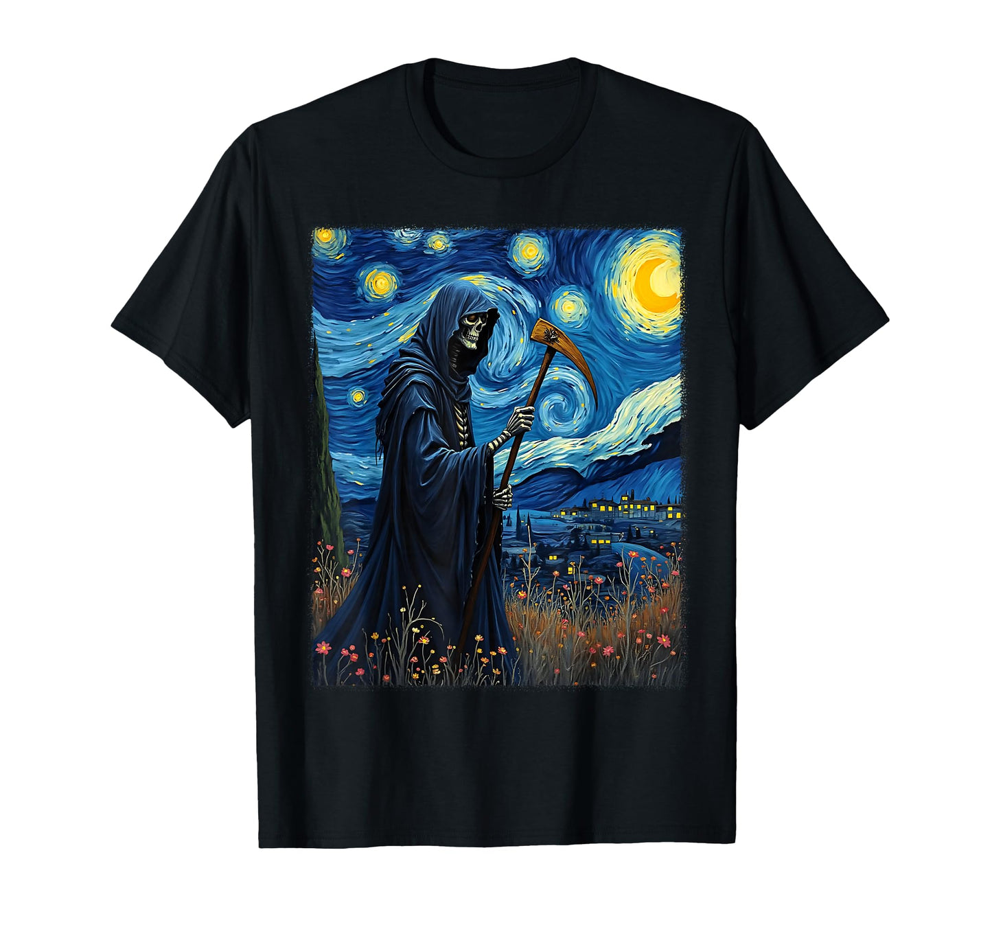 Van Gogh Grim Reaper Halloween Gothic Skeleton Party Costume T-Shirt