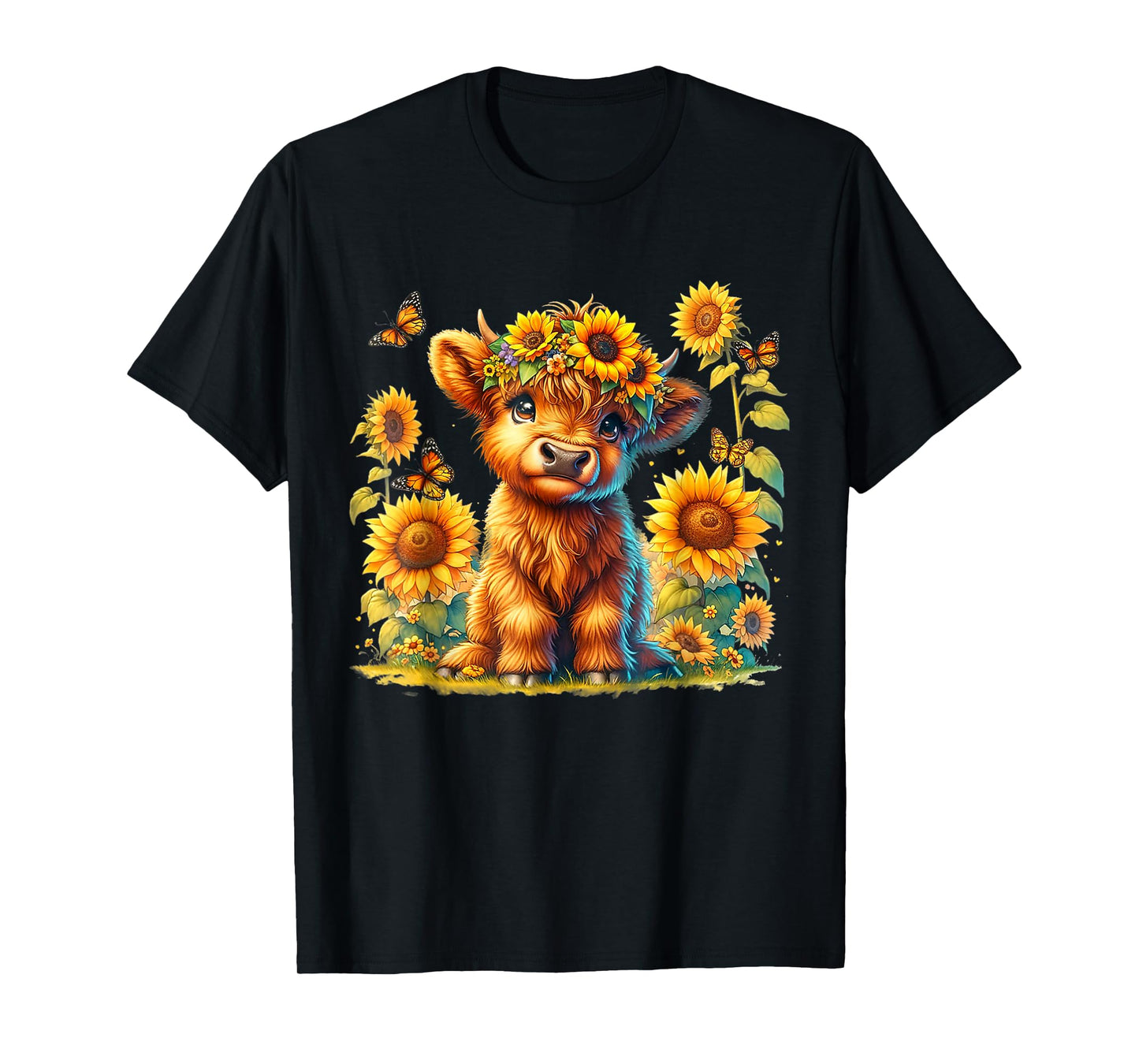 Cute Highland Cow With Sunflower Butterflies Farm Western T-Shirt
