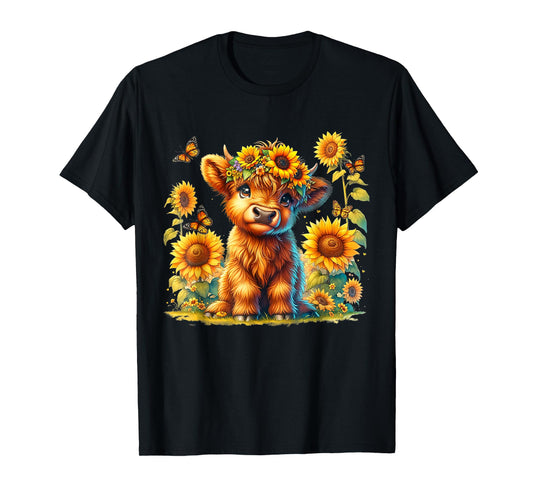Cute Highland Cow With Sunflower Butterflies Farm Western T-Shirt
