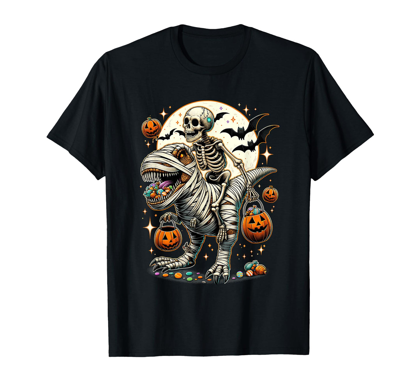 Skeleton Riding Mummy Dinosaur T Rex Kids Boys Men Halloween T-Shirt