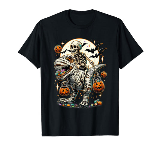 Skeleton Riding Mummy Dinosaur T Rex Kids Boys Men Halloween T-Shirt