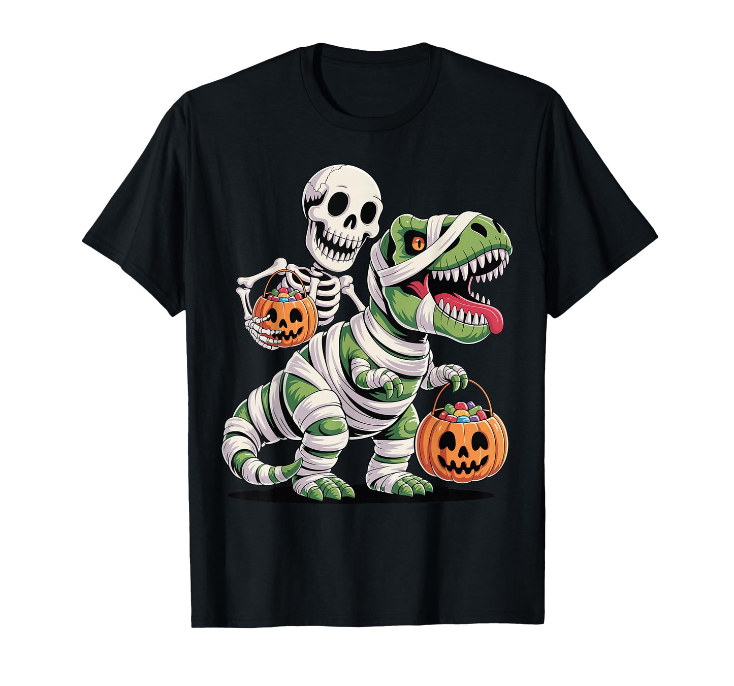 Skeleton Riding Mummy Dinosaur T Rex Funny Halloween T-Shirt