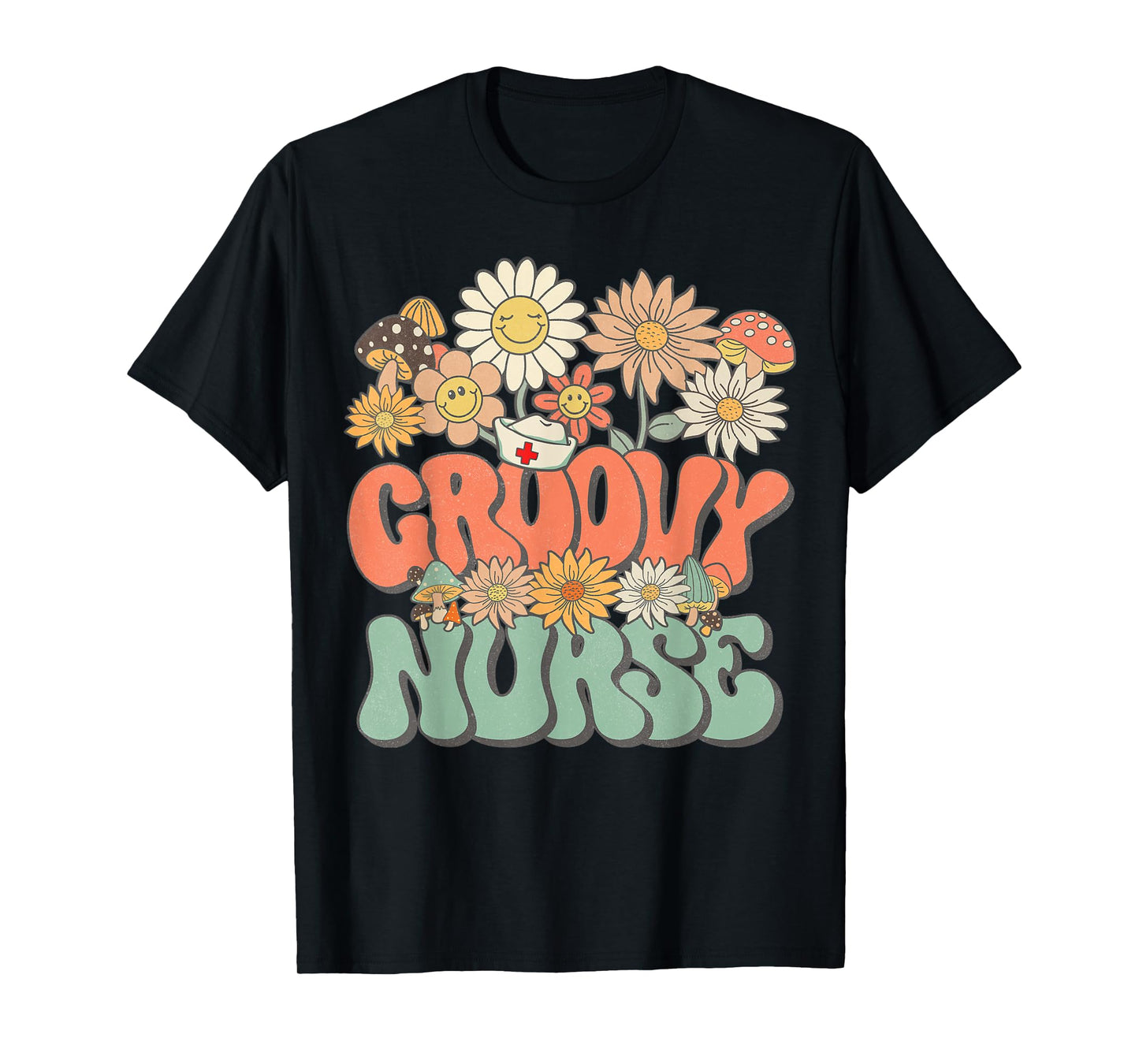 Retro Groovy Nurse Floral Hippie Daisy Flower Matching Nurse T-Shirt