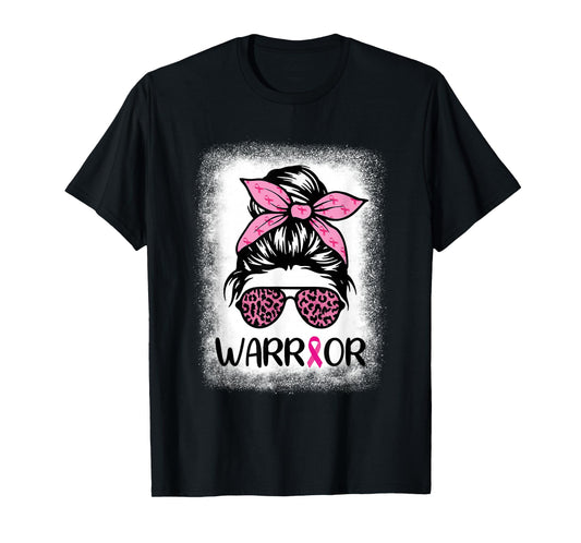 Warrior Breast Cancer Women Messy Bun Bleached Leopard T-Shirt