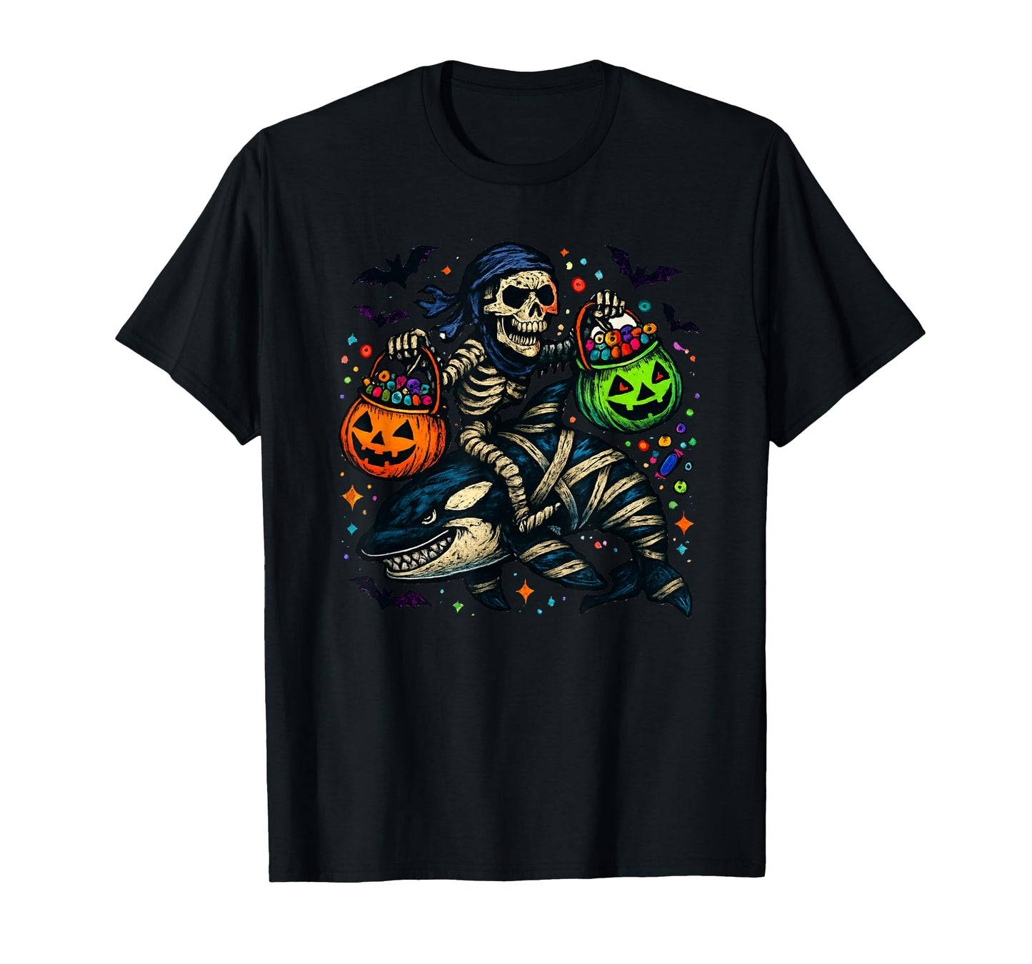 Skeleton Riding Mummy Orca Halloween Candy Whale T-Shirt