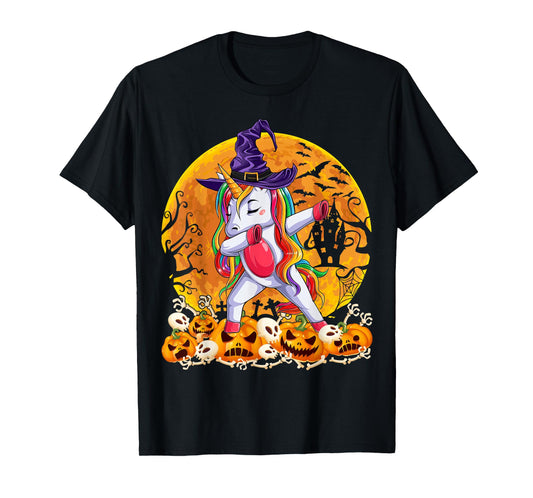 Dabbing Unicorn Spooky Halloween Costume Girls Women Witch T-Shirt