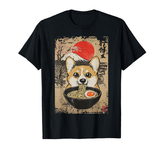 Corgi Ramen Slurp Sakura Mt Fuji Kawaii Pup Retro Japan Fun T-Shirt