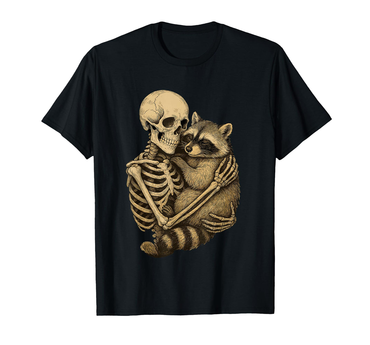 Skeleton Holding Raccoon Dark Nature Illustration T-Shirt