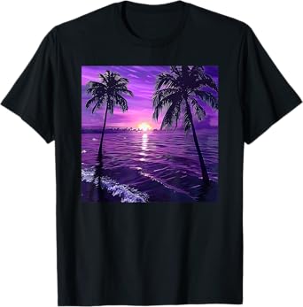 Palm Tree Ocean Sea Tropical Sunset Purple T-Shirt