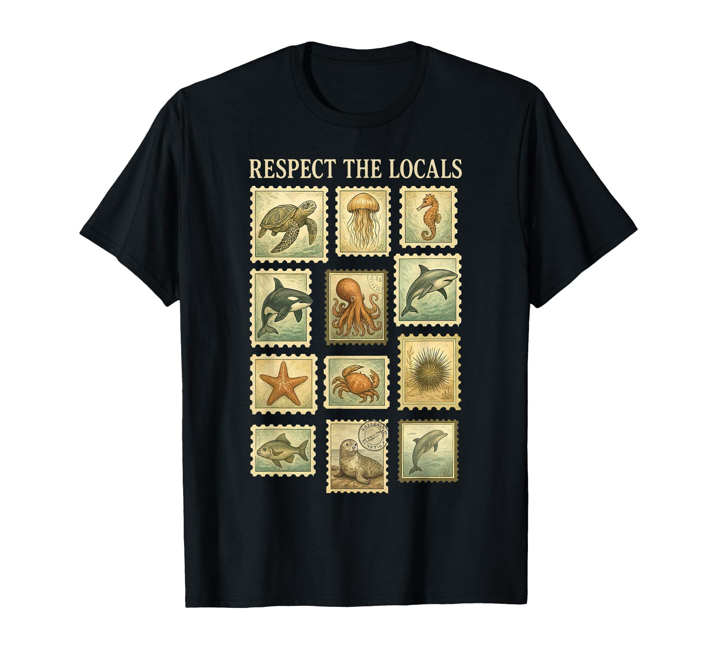 Vintage Respect The Local Stamp Ocean Animal Wildlife Nature T-Shirt