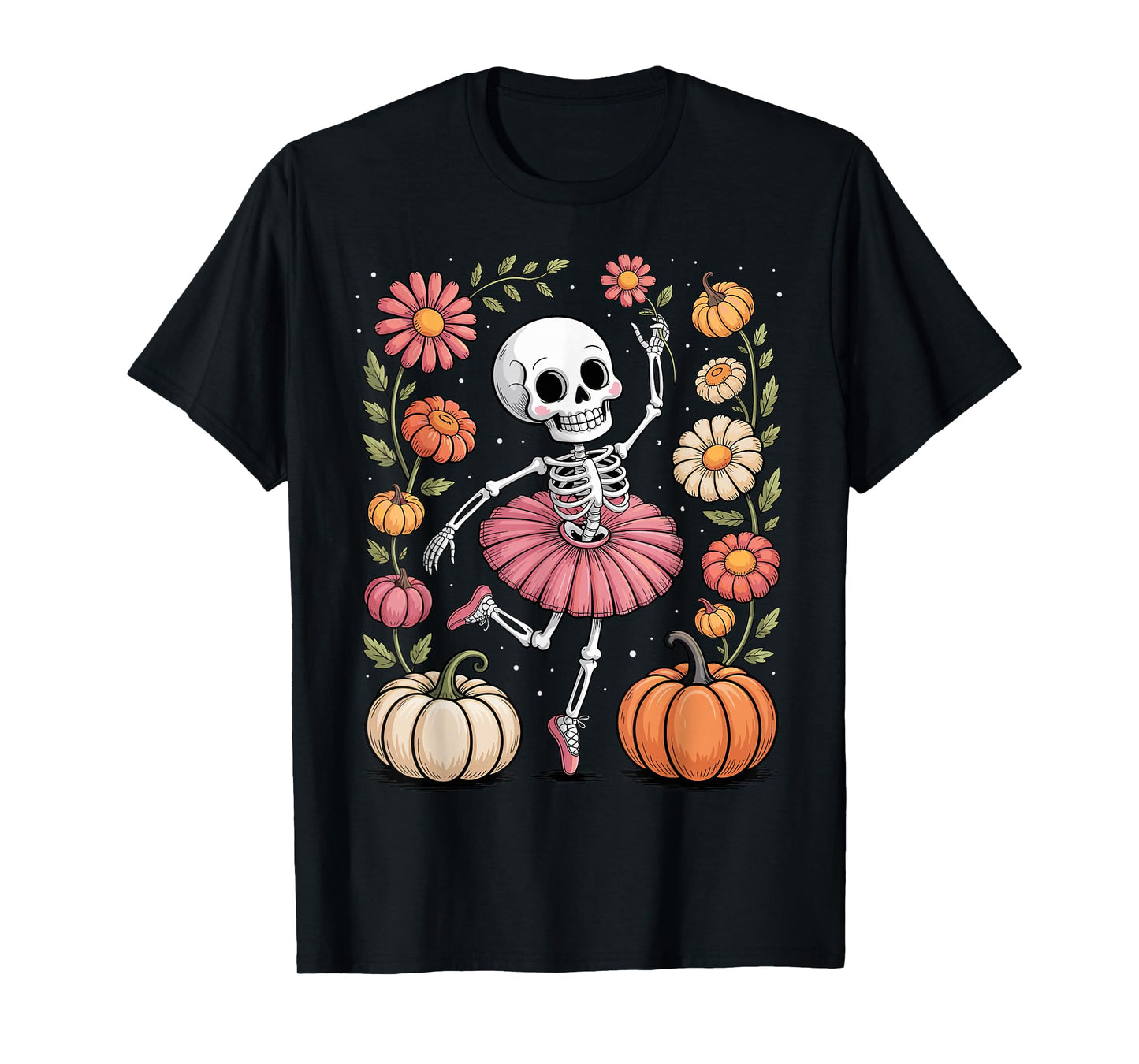 Skeleton Ballerina Halloween Pumpkin Floral Funny T-Shirt