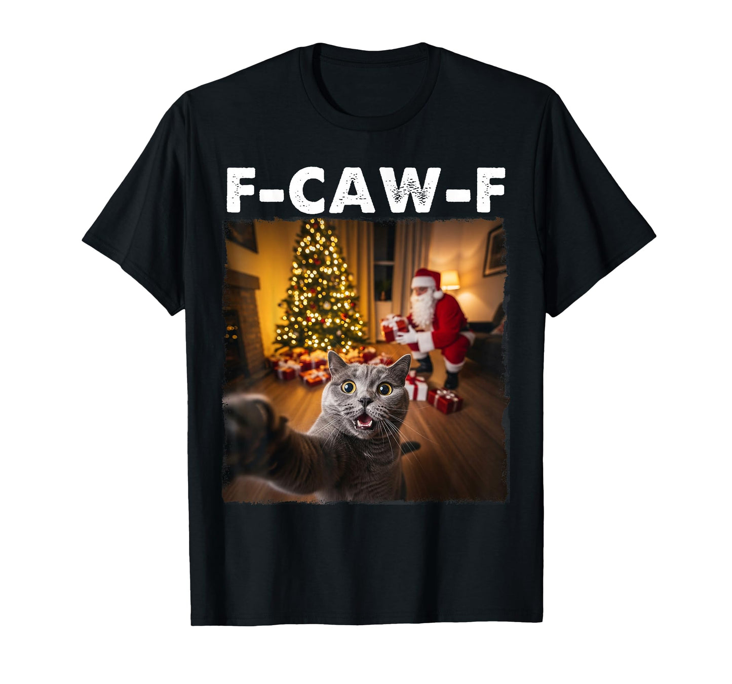F-CAW-F Cat Xmas Funny Cat Selfie Santa Christmas FCAWF Cat T-Shirt