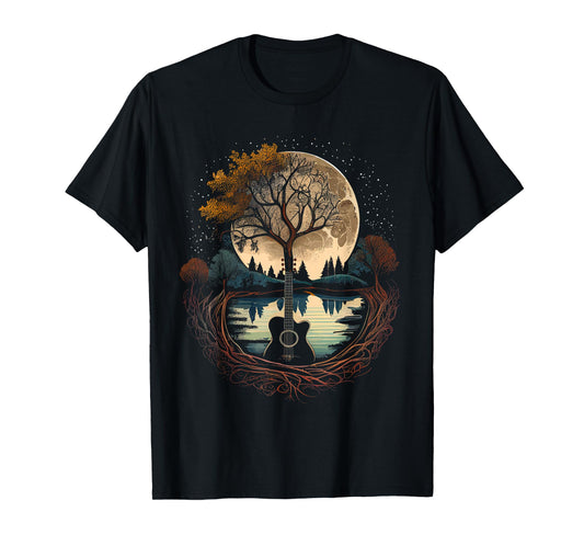 Acoustic Guitar Tree and Moon By The Lake Guitarist T-Shirt