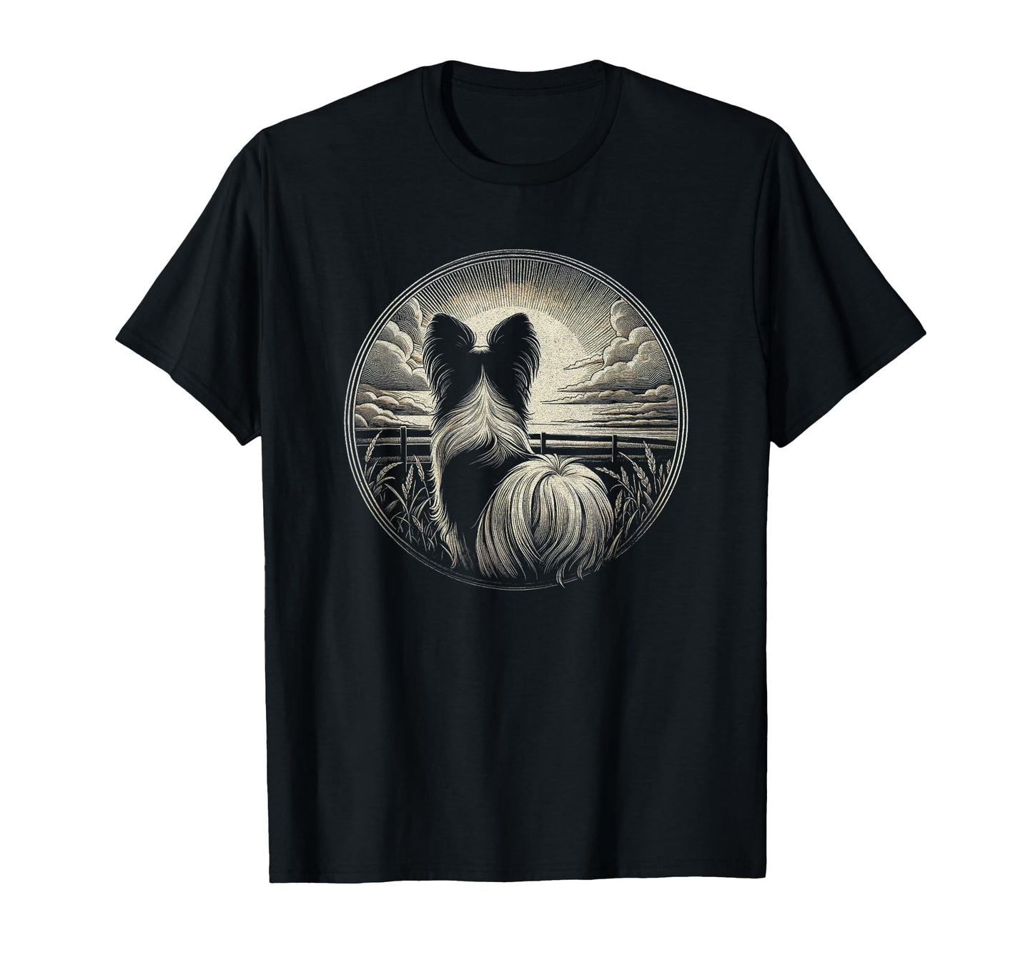 Vintage Papillon Dog Nature Scene Graphic Art Design T-Shirt