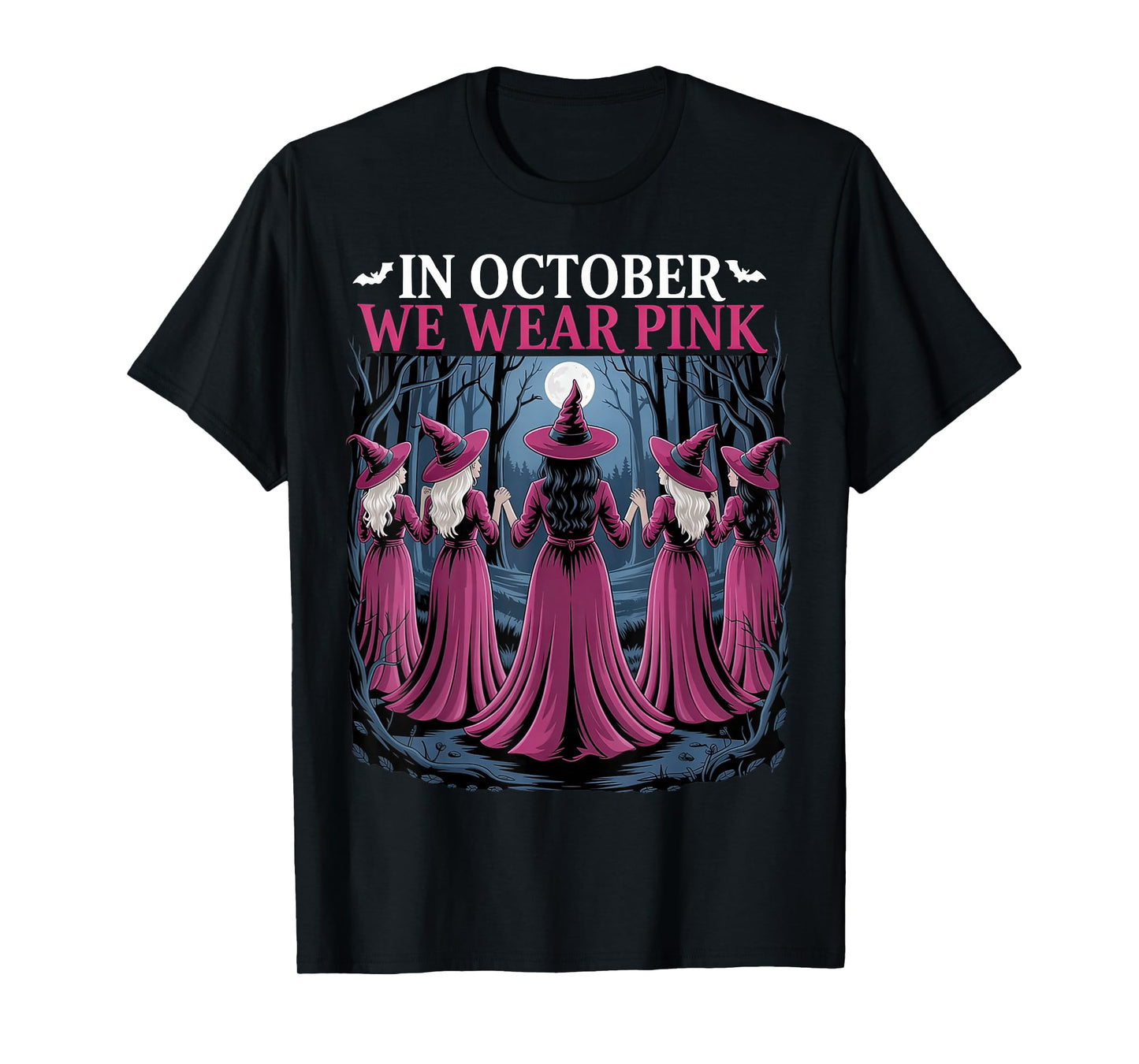 in October We Wear Pink Witch Halloween Breast Cancer T-Shirt