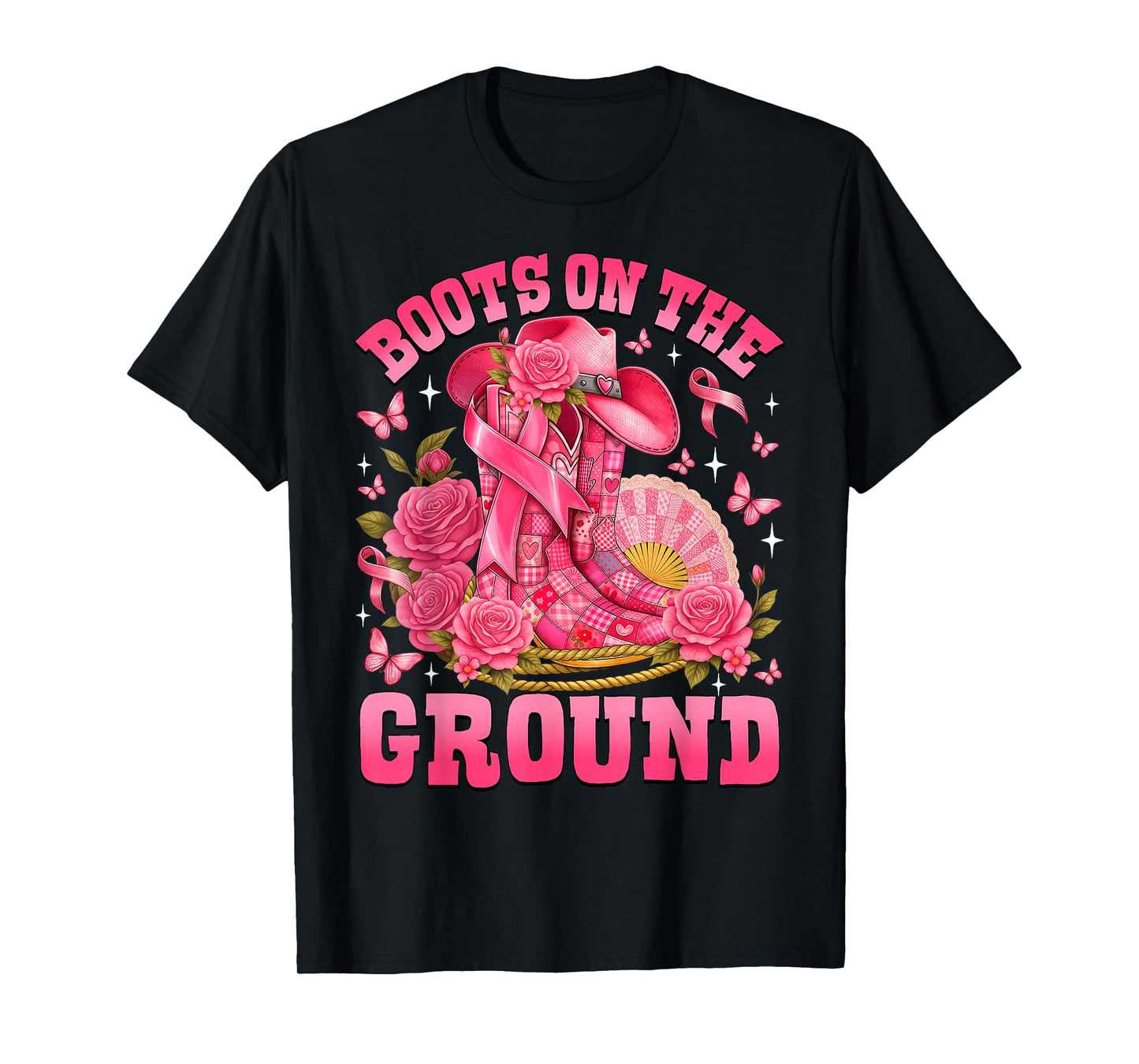 Boots On The Ground Pink Cowgirl Patchwork Breast Cancer T-Shirt