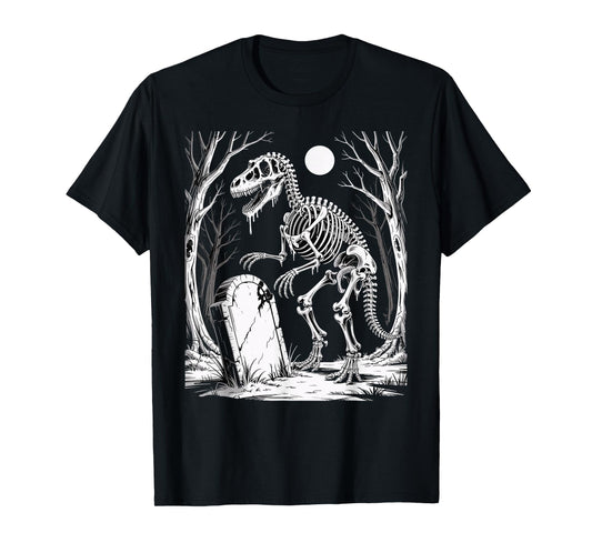 Dinosaur Skeleton in Haunted Forest Fantasy Horror Halloween T-Shirt