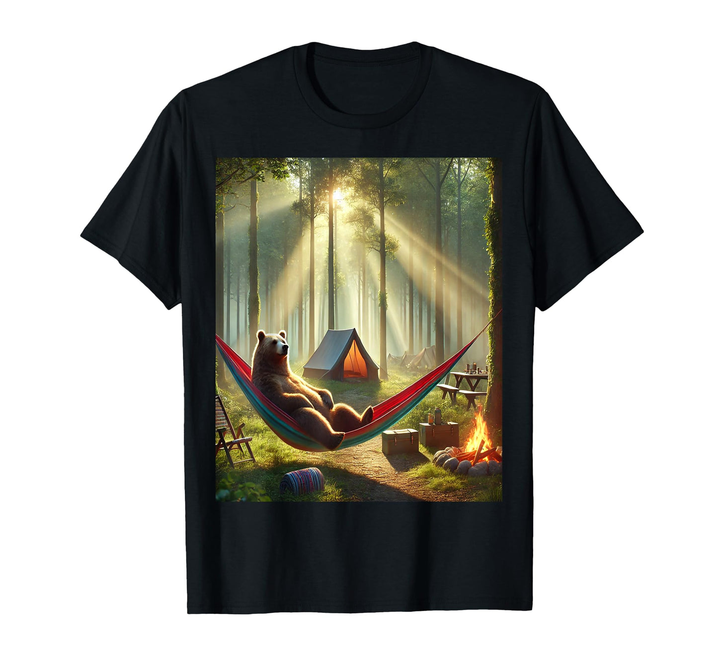 Nature Camping Bear - Relaxed Hammock and Tent Forest Scene T-Shirt