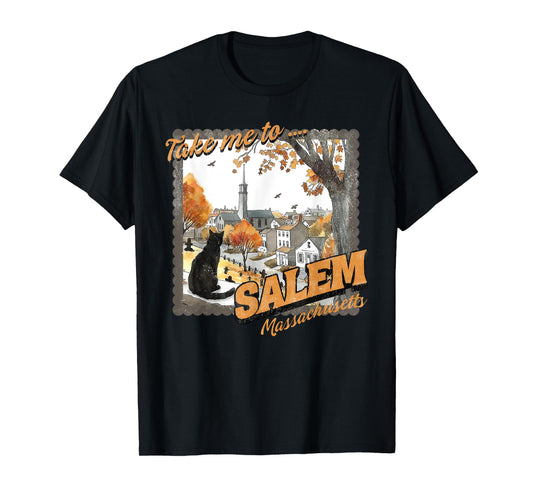 Take Me To Salem Massachusetts Black Cat Witch Halloween T-Shirt