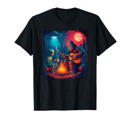 Alien and Bigfoot Campfire Moon UFO Adventure Hiking Cryptid T-Shirt