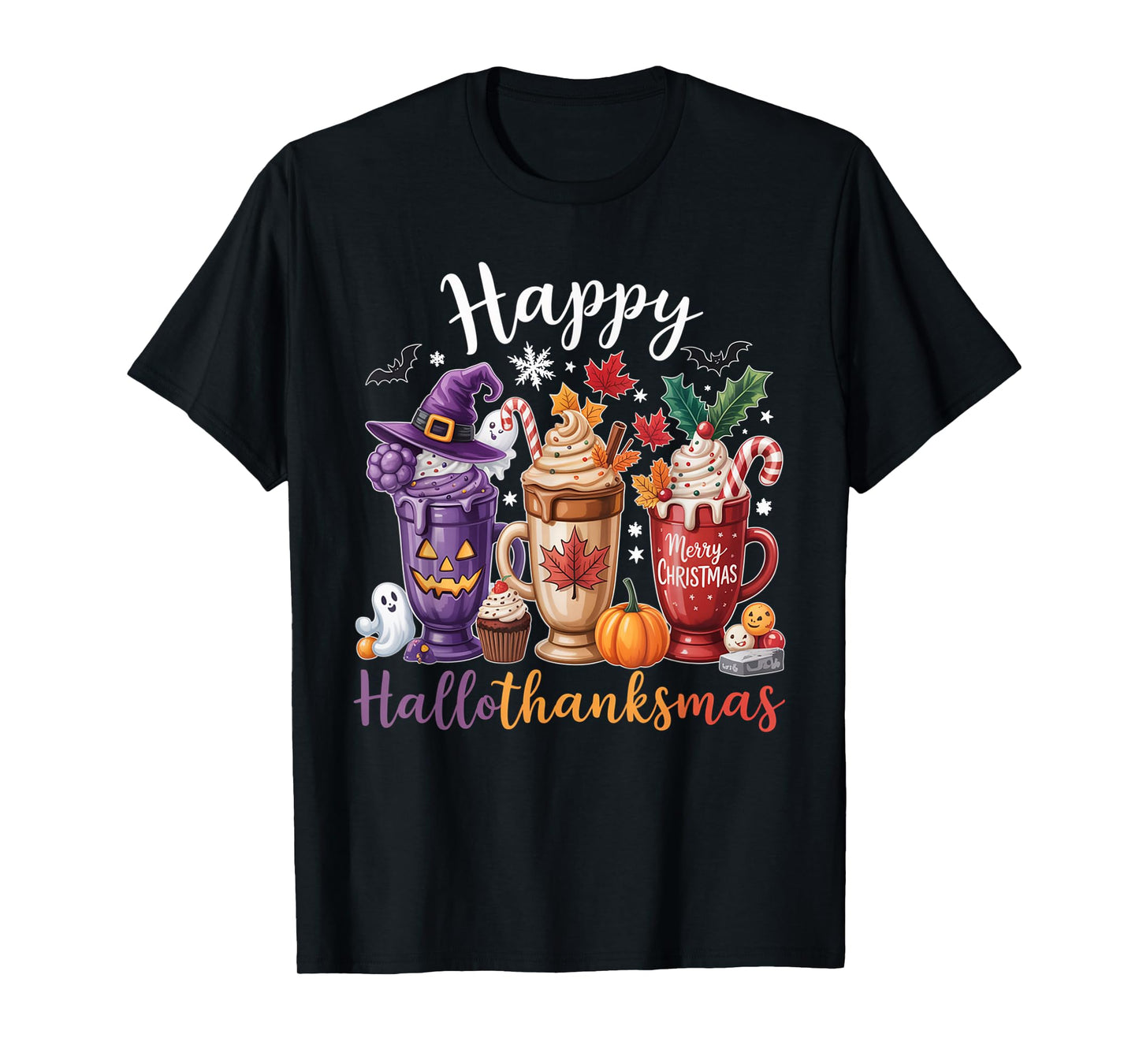 Happy Hallothanksmas Coffee Lover Halloween Merry Christmas T-Shirt
