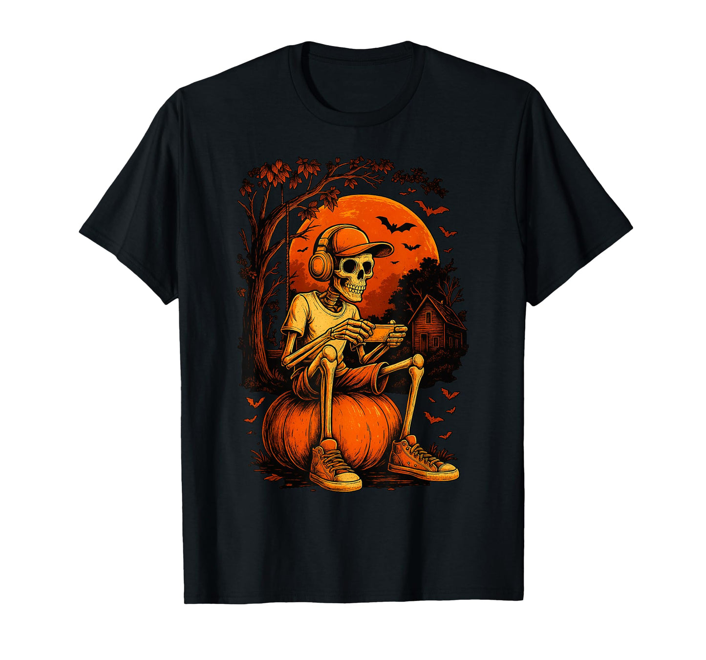 HUGvyn Halloween Skeleton Gamer Pumpkin Controller Kids Boys T-Shirt