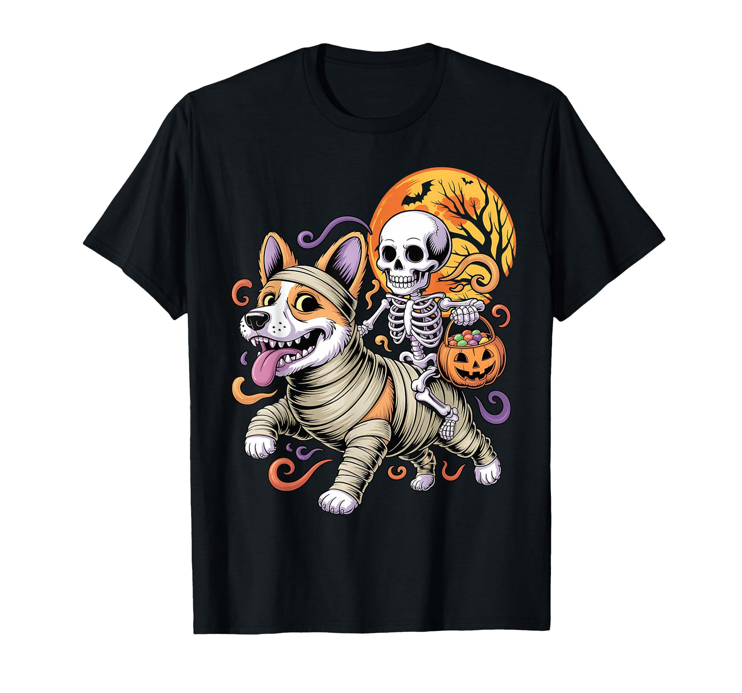 Funny Skeleton Riding Mummy Corgi Dog Halloween T-Shirt