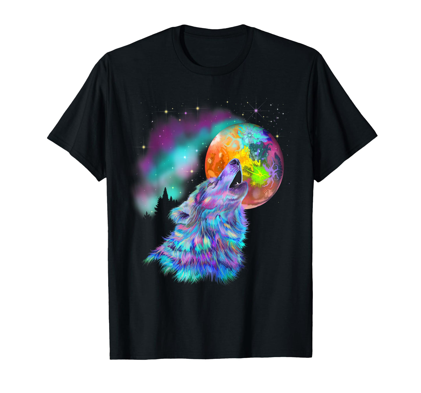 Colorful rainbow psychedelic trippy howling at moon wolf T-Shirt