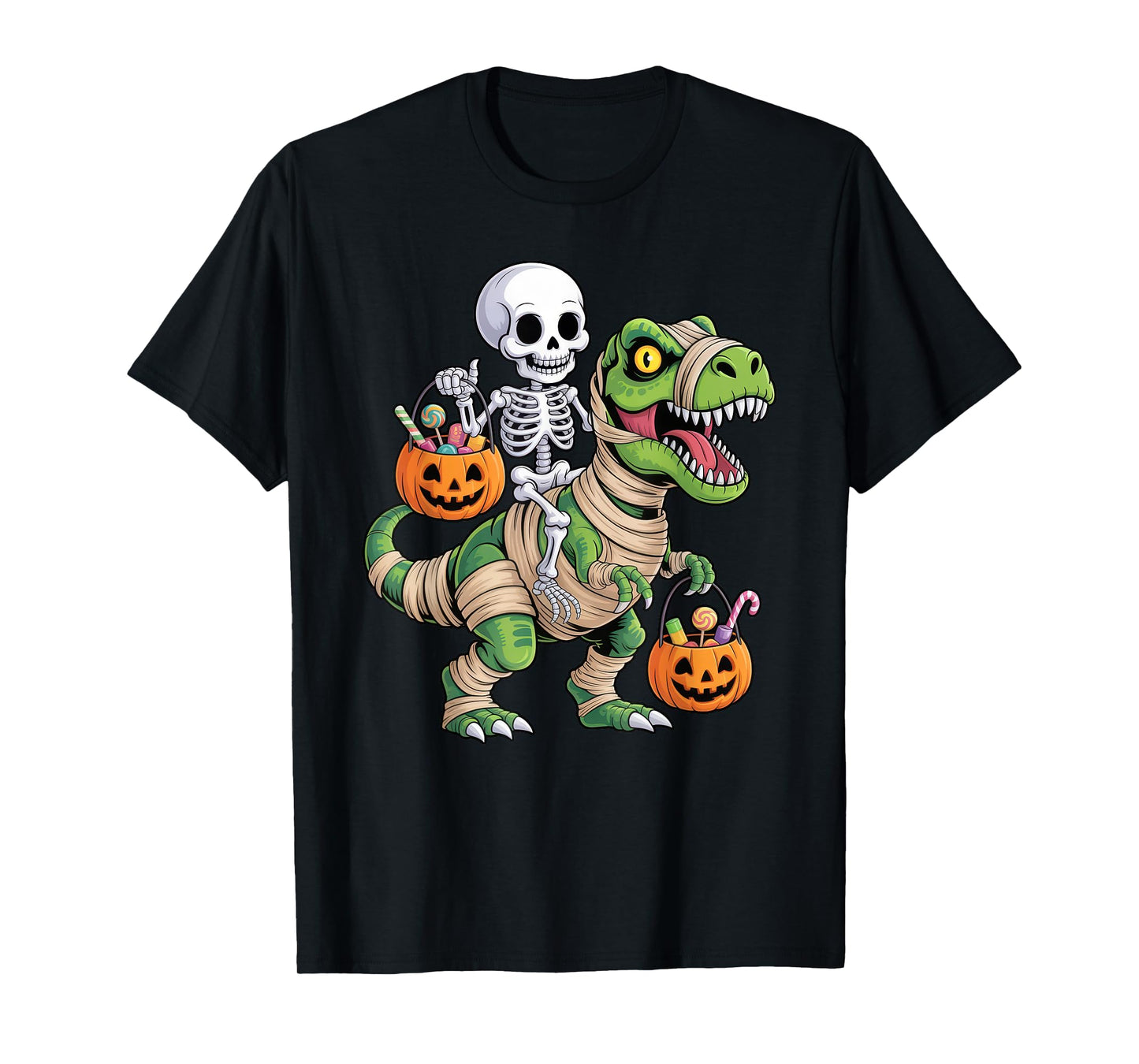 Skeleton Riding Mummy Dinosaur T rex Kids Boys Men Halloween T-Shirt