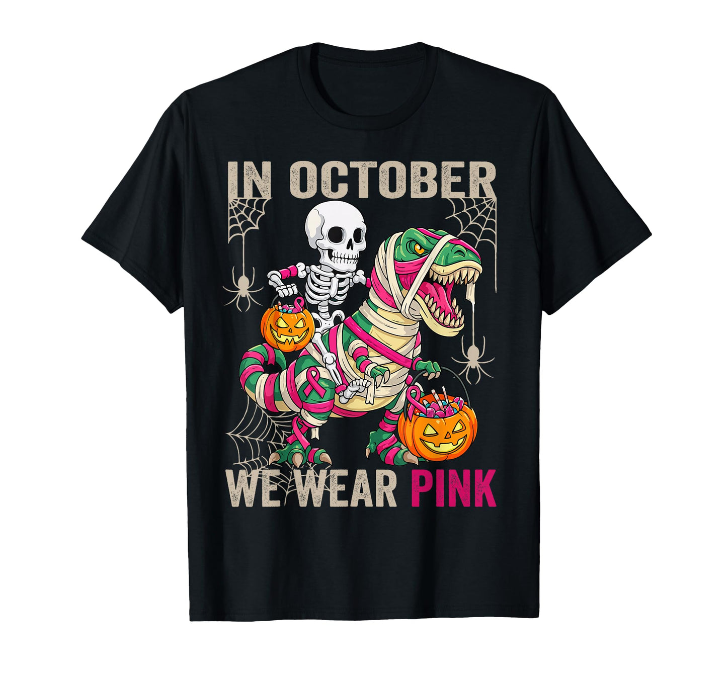 in October We Wear Pink Dinosaur Skeleton Halloween T-Shirt
