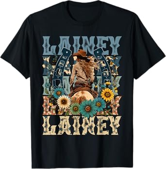 Cowgirl Lainey First Name Personalized Western T-Shirt - Unisex-Adults, Kids - Black - Small - Short Sleeve - T-Shirt - Animal Print Fabric Blend
