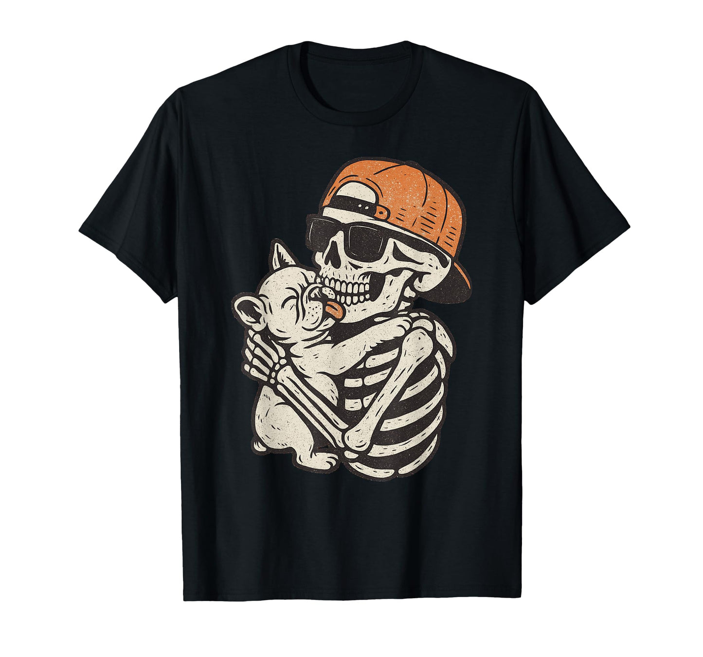 Skeleton Hugging French Bulldog Halloween Spooky Costume T-Shirt