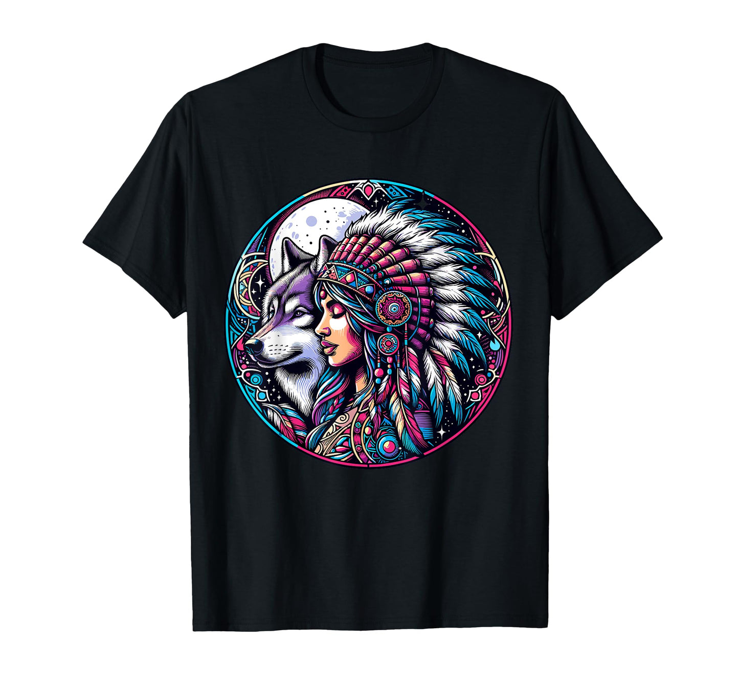 Native American Totem Woman and Wolf T-Shirt