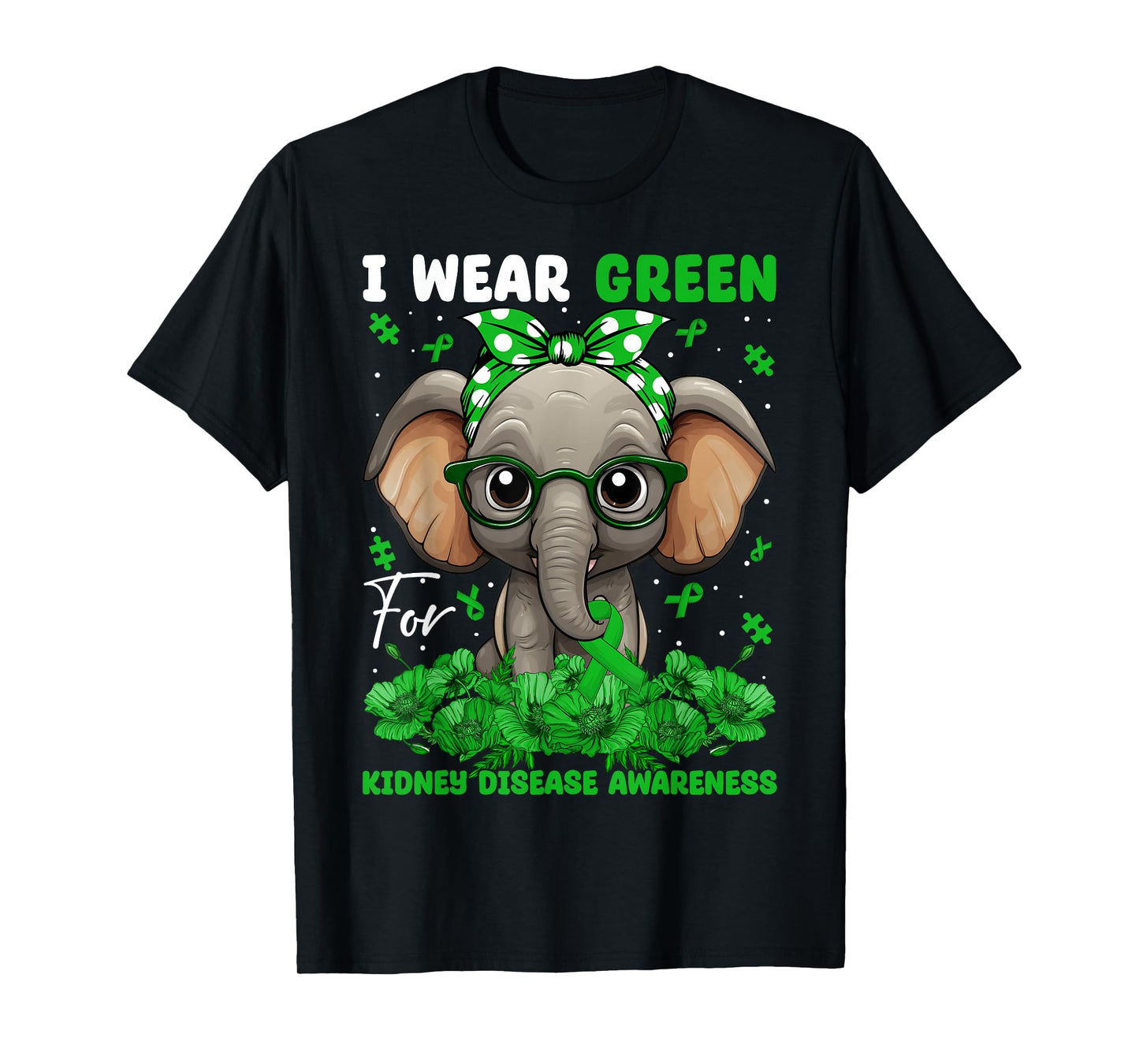 I Wear Green For Kidney Disease Awareness Elephant & Bandana T-Shirt
