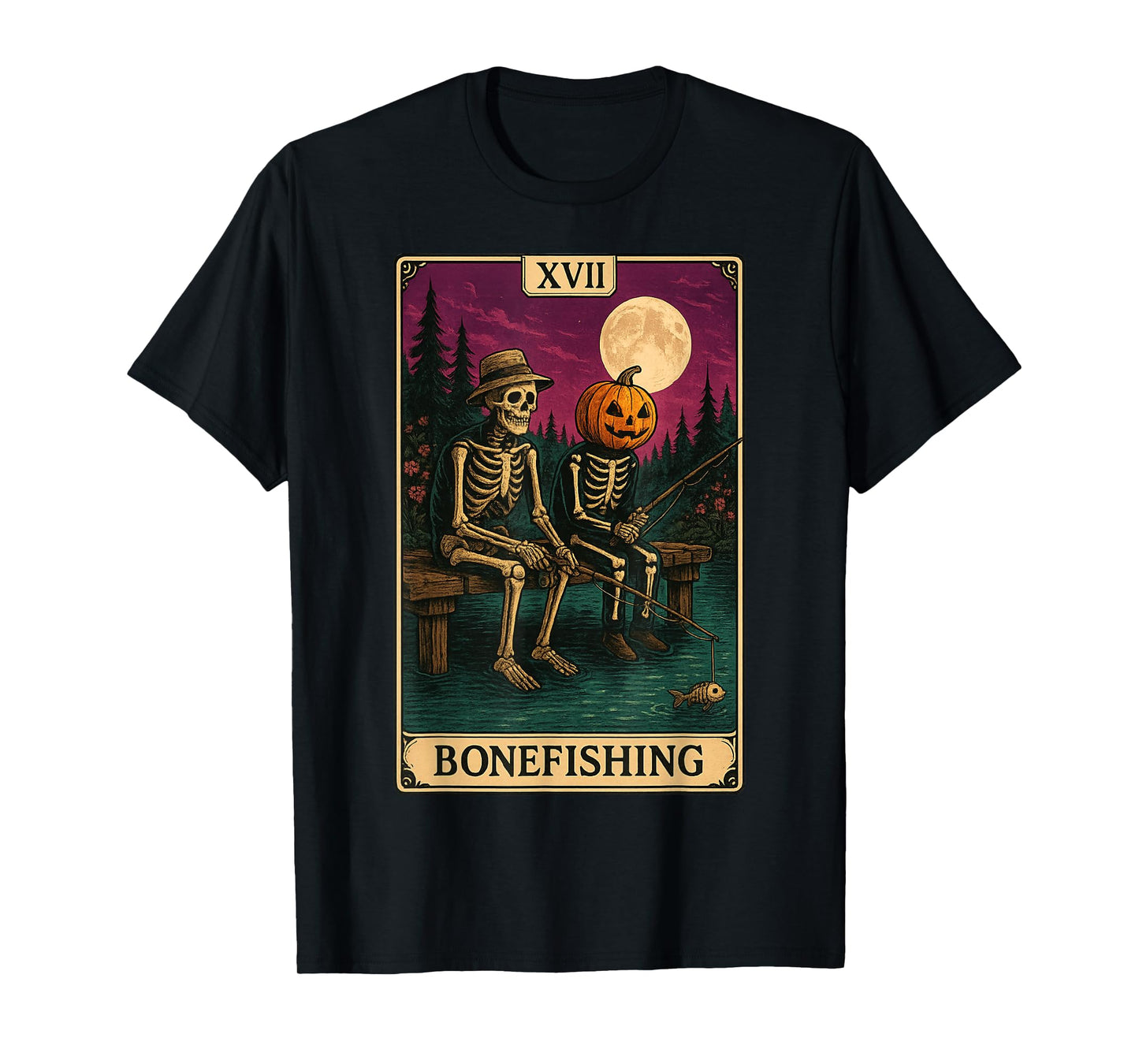 Tarot Card Bonefishing Jack O Lantern Skeleton Fishing T-Shirt