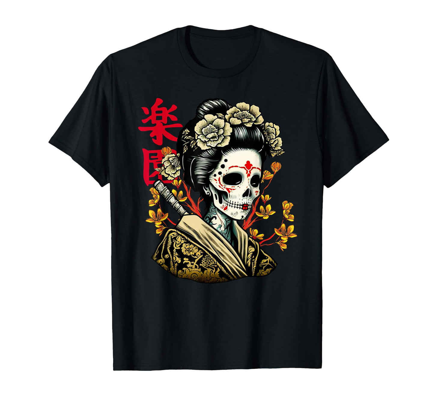 Japanese Geisha skull women with sakura tree T-Shirt